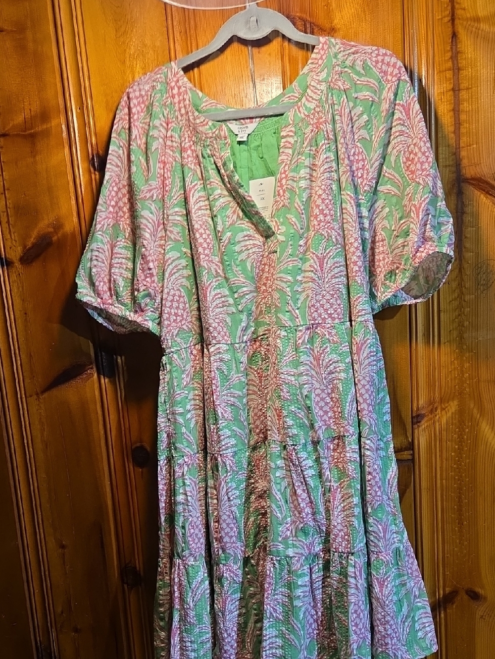Pineapple Print Tiered Dress - Green & Pink